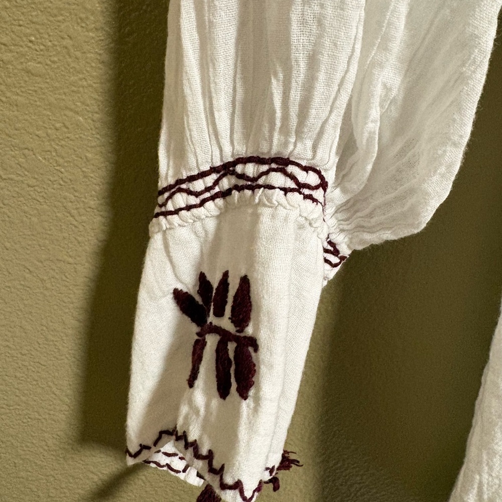 Embroidered White Peasant Blouse with Burgundy Accents - Picture 6 of 7